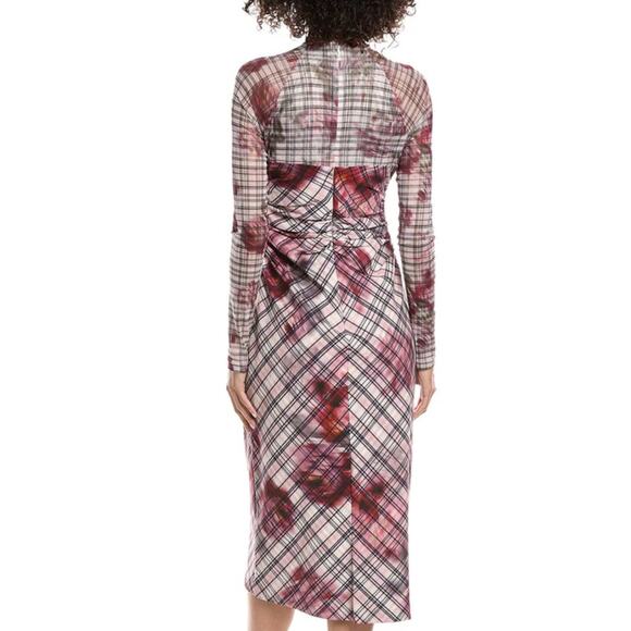 Amur Pink Plaid Sheath Midi Dress SIZE 6 Mesh Work Preppy Ruched Designer $500 - Picture 2 of 13